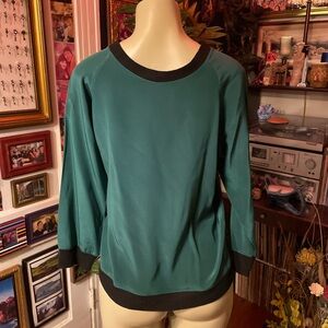 Chic Green Silk top with Black Trim